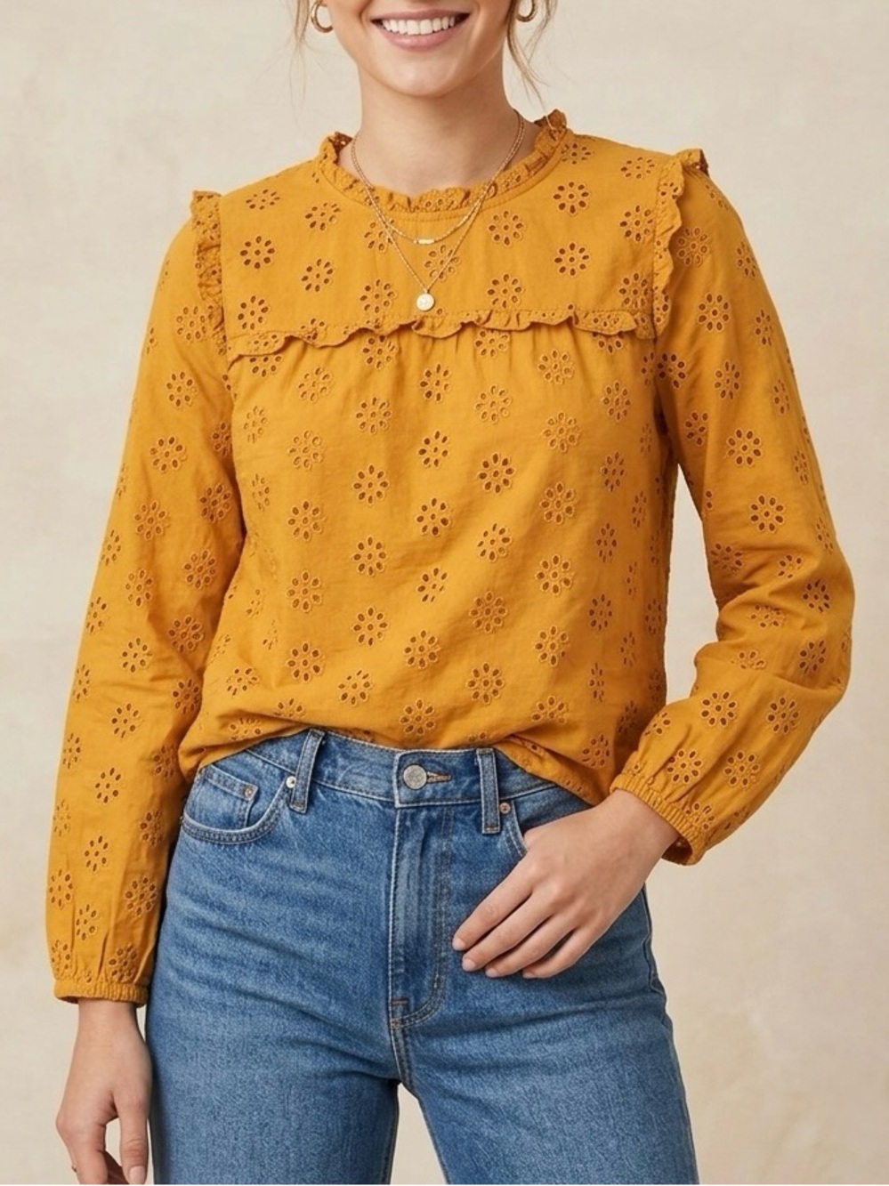 J.Crew women’s Ruffleneck Eyelet Yoke cotton Top Mustard Yellow Gold Size M Boho